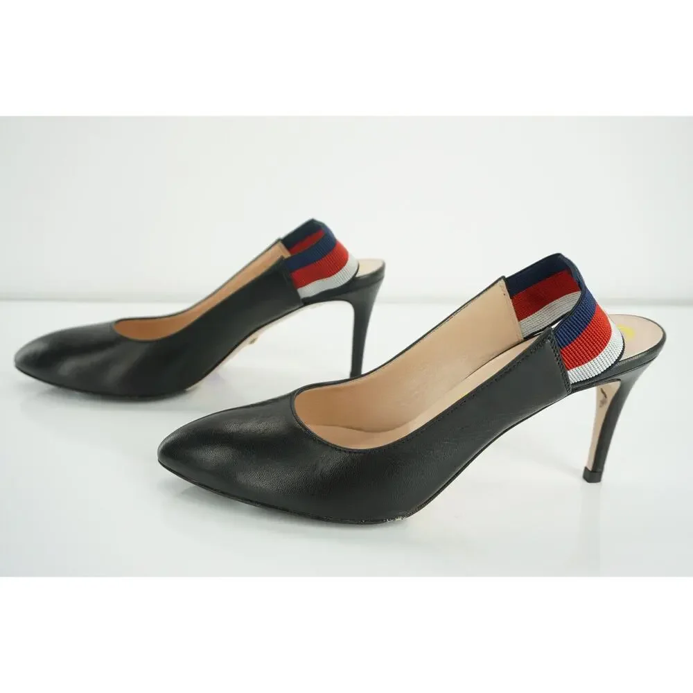 Gucci Sylvie Black Leather Web Strap Pointed Toe Slingback Pumps Size 35 $695